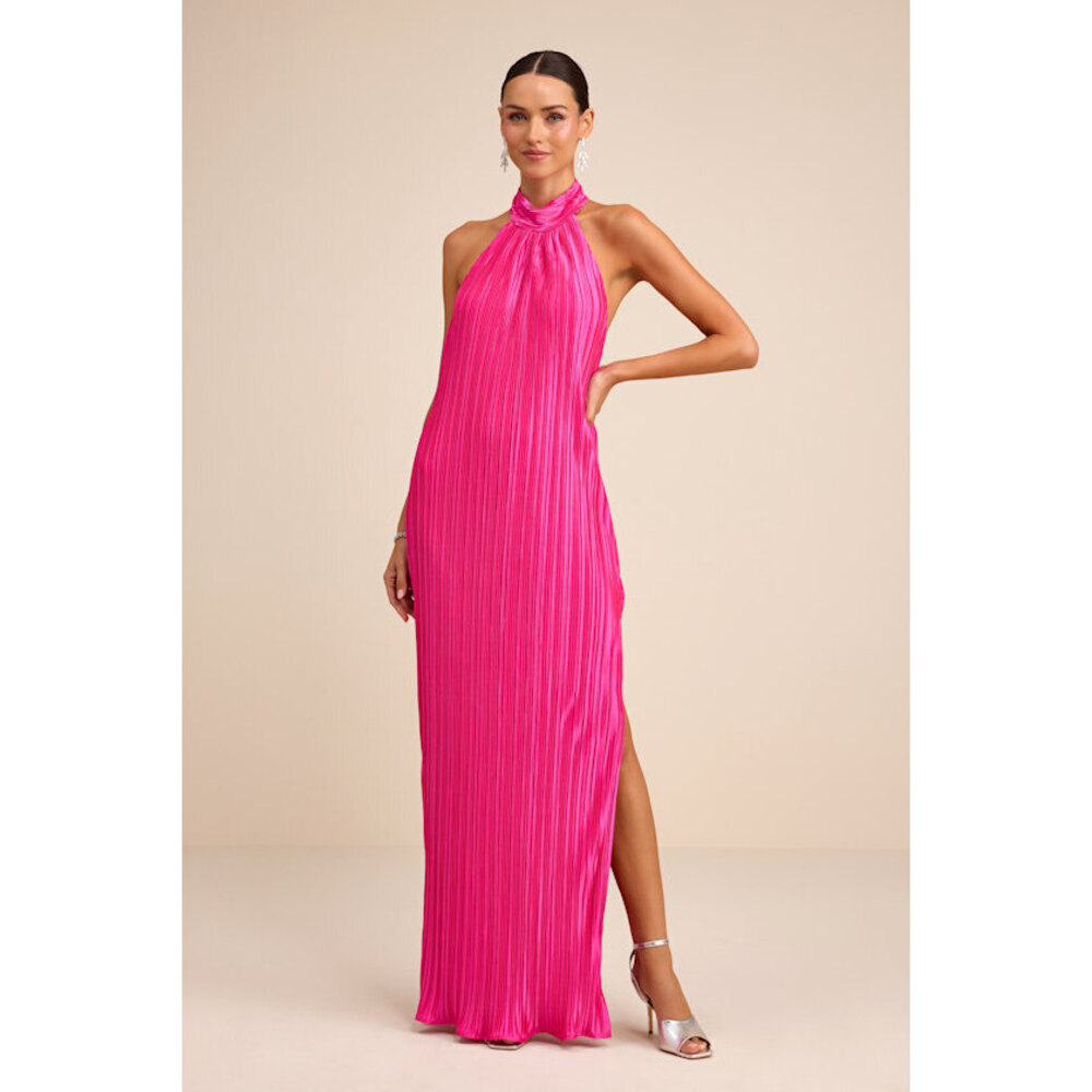 Lulus Gwenny Hot Pink Satin Plisse Maxi Dress - Size XXS - Picture 1 of 1